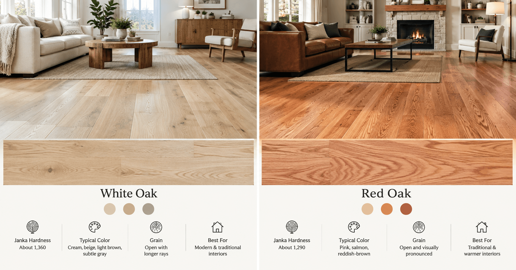 White oak vs. red oak flooring showing differences in color, grain, and interior style