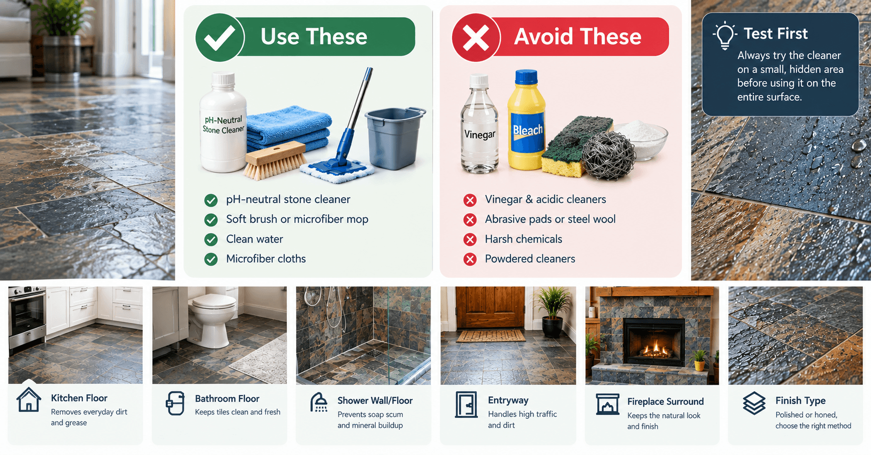 Slate Tile Cleaning: What to Use and What to Avoid Slate tile cleaning tools showing what to use and avoid