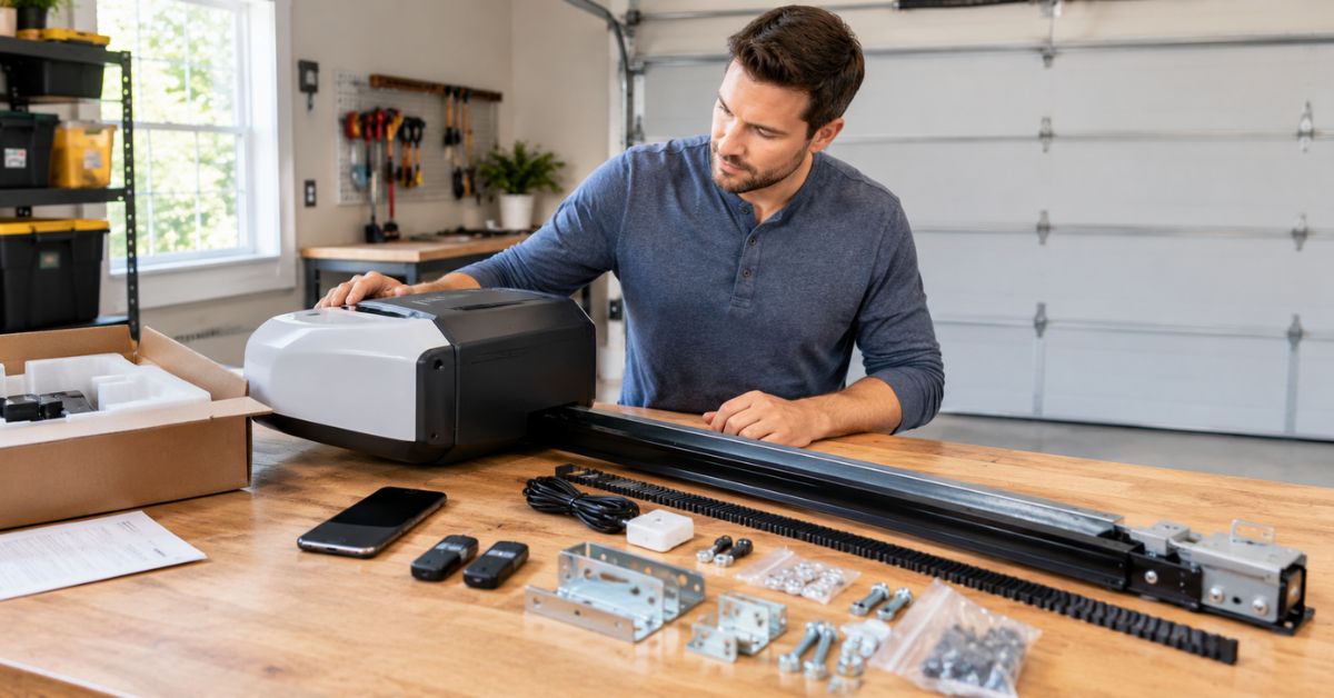 homeowner comparing garage door opener options