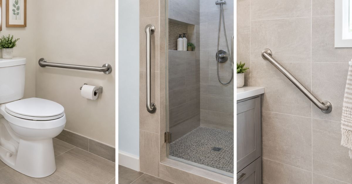 Horizontal, vertical, and diagonal grab bars shown in modern bathrooms to illustrate different grab bar orientations for safety and accessibility.