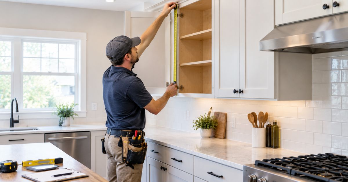 measuring-upper-cabinet-depth.jpg measuring upper kitchen cabinet depth with a tape measure