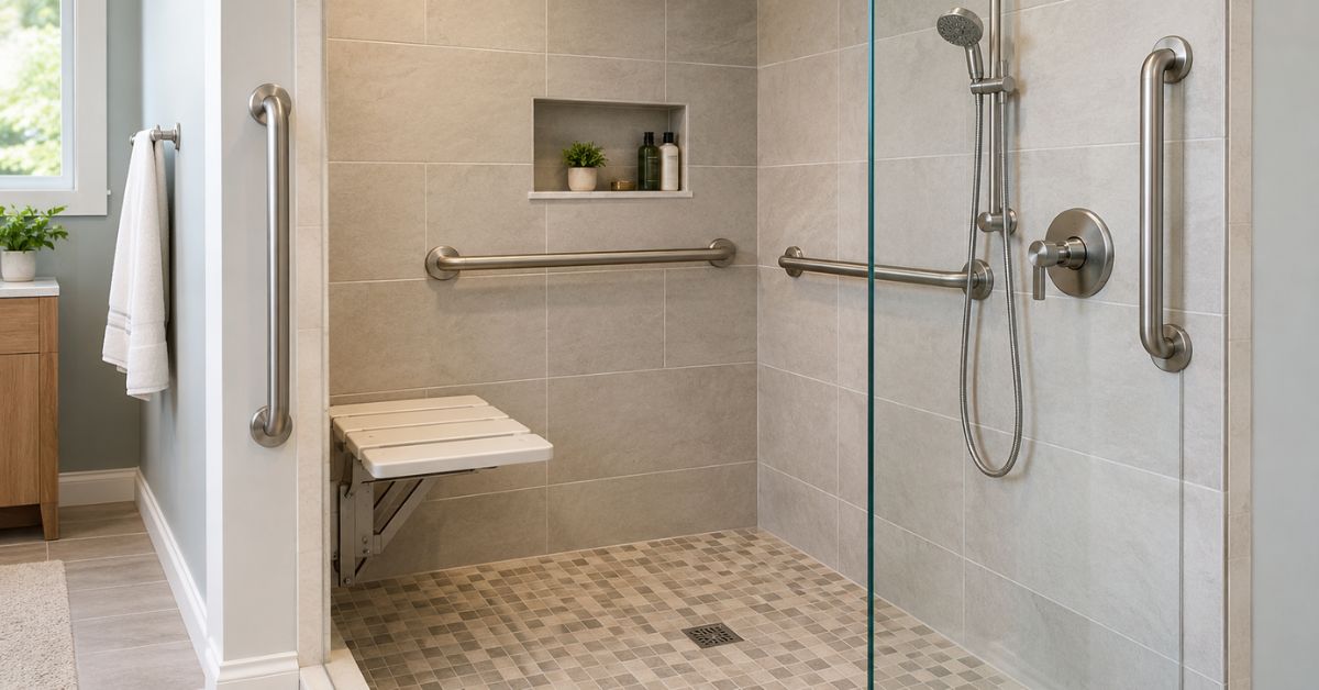 Where should grab bars be placed in a shower, showing horizontal and vertical grab bars near the shower entrance, controls, and fold-down shower seat.