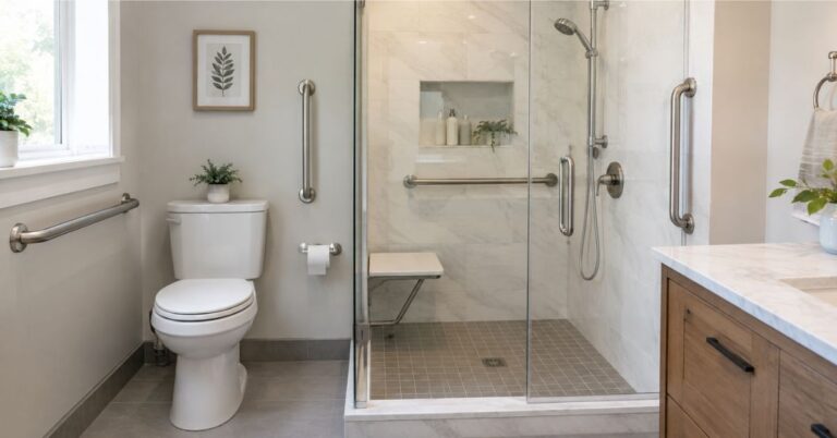 grab bars placed beside toilet and inside shower in an accessible bathroom